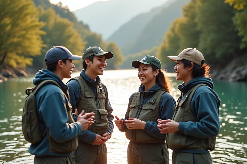 Camellia Angler 創始團隊在河邊開心交流的身影