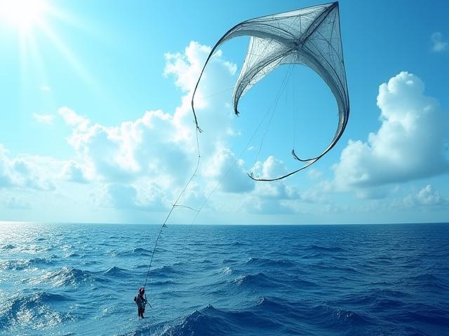 一名專業漁民在海上利用風箏釣魚，風箏在海面上盤旋，釣線深入水下。