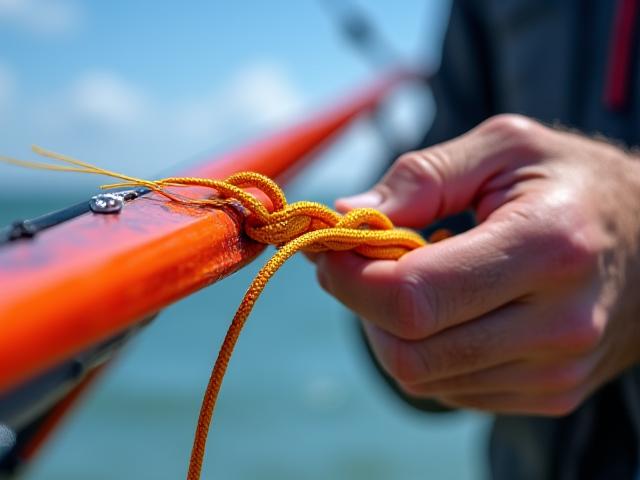 特寫鏡頭顯示釣魚者將粗壯的風箏主線連接到風箏上,繩結乾淨紮實