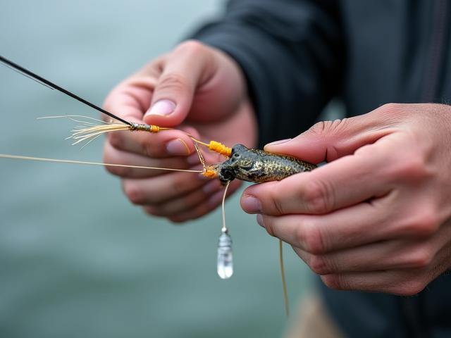 特寫鏡頭顯示釣魚者將帶有誘餌的子線小心翼翼地夾在風箏主線的釋放夾上