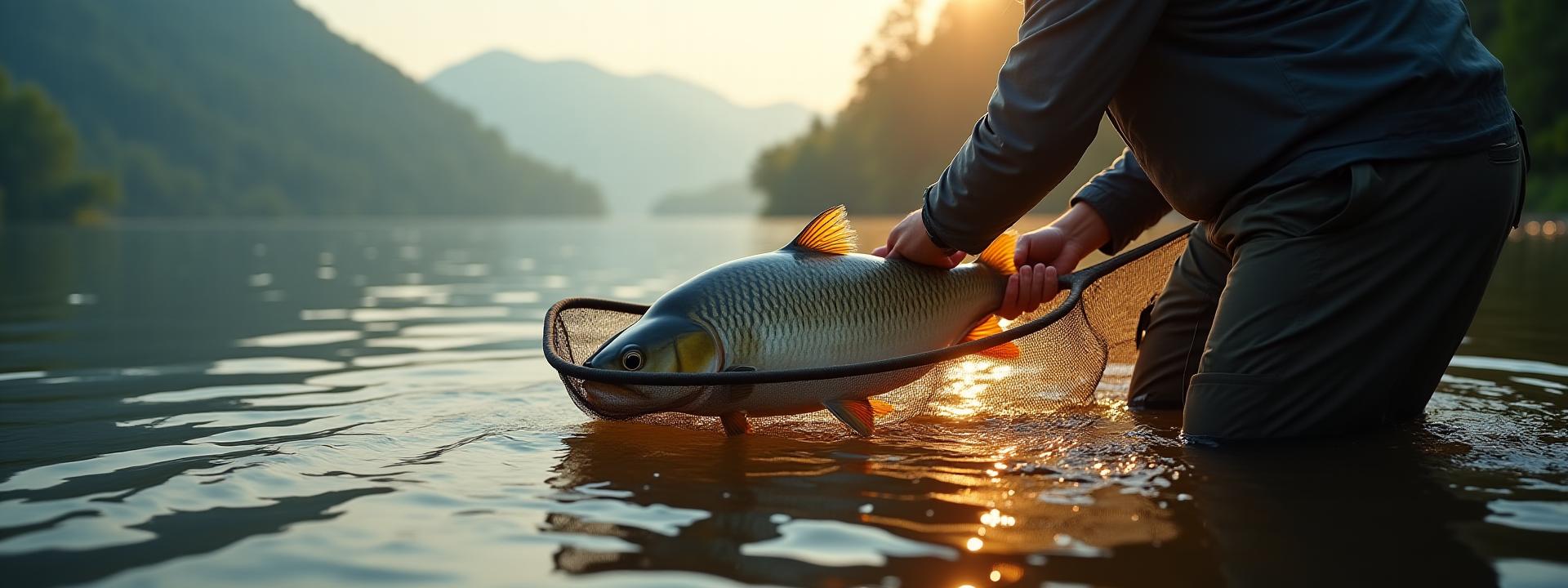 一名釣魚者小心翼翼地在岸邊釋放一條巨大的鯉魚,鯉魚被安全地放在一個網ตา柔軟的撈網中。背景是台灣山區湖泊的自然風光,陽光普照。