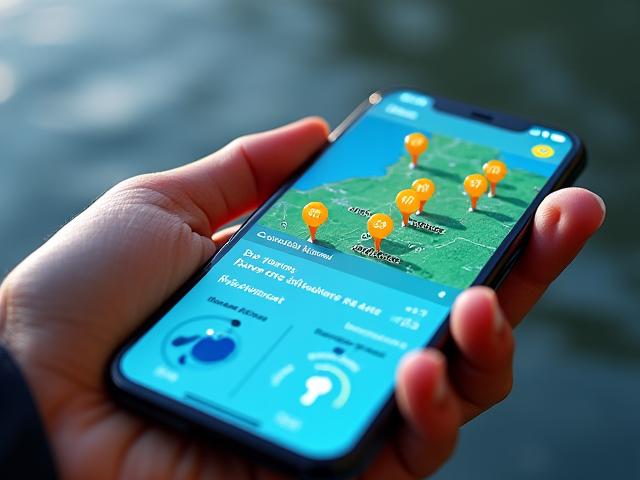 手機螢幕顯示Camellia Angler App的數據分析介面,包括地圖上的釣點標記、漁獲統計圖表以及水溫、氣壓變化趨勢