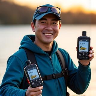 台灣職業路亞釣手林志豪手持CA-聲納探魚器與手機,展現他最新漁獲的興奮表情