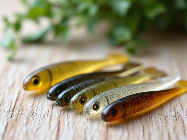 Camellia Angler 生物塑料釣餌包，綠色和棕色假餌多樣組合。