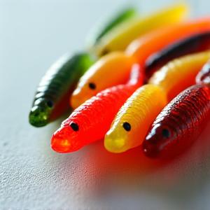 一組模擬小魚或蠕蟲的柔軟塑膠釣餌，色彩逼真。